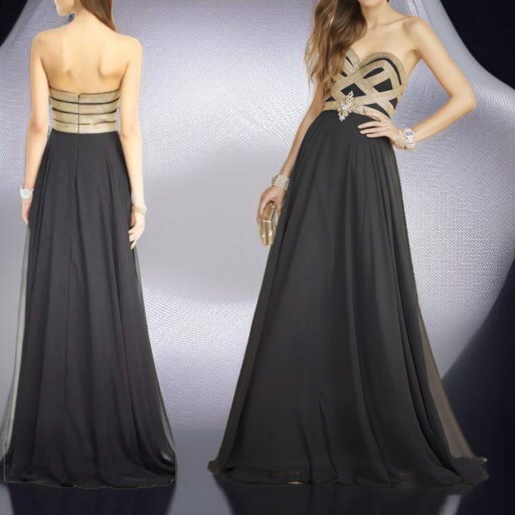 Alyce Paris ( 6 ) Empire Sweetheart Strapless Beaded Black/Gold Evening Gown